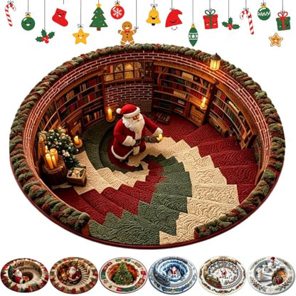 40in 3D Christmas Rug Optical Illusion Santa Gnomes Holiday Decor - J
