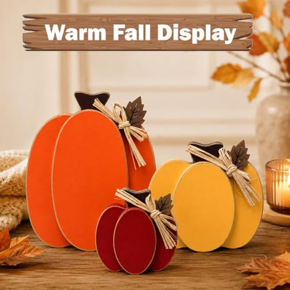 Wooden Pumpkin Fall Decor Set - 3 Rustic Indoor Pumpkins Rich Red Orange Yellow