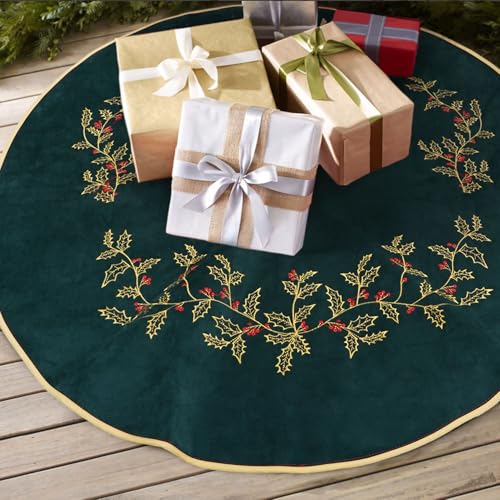 Dark Green Velvet Christmas Tree Skirt 48 Inch with Holly Embroidery - Holiday Decor