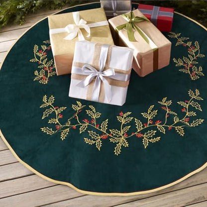 Dark Green Velvet Christmas Tree Skirt 48 Inch with Holly Embroidery - Holiday Decor