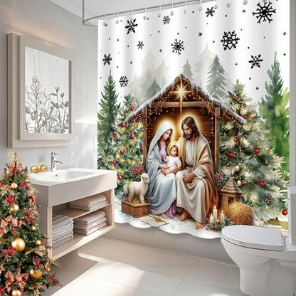 Christmas Birth of Jesus Shower Curtain with Snowflake Forest Design - Waterproof Polyester, 72x72 in