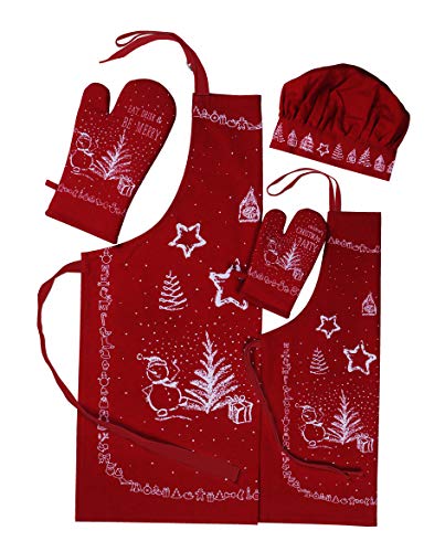 AMOUR INFINI 100% Cotton Christmas Party 5-Piece Kitchen Set Women's Aprons and Oven Mitts|Kid's Aprons, Oven Mitts, and Chef Hats for Kitchen Play, Baking Fun|Thanksgiving,Christmas Gift for Kid's