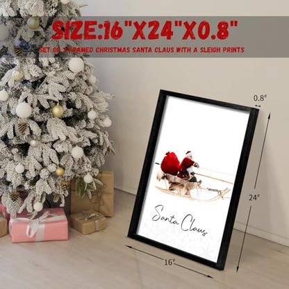 Christmas Wall Art Set of 3 Santa Claus with Sleigh Deer Framed 16x24 Black