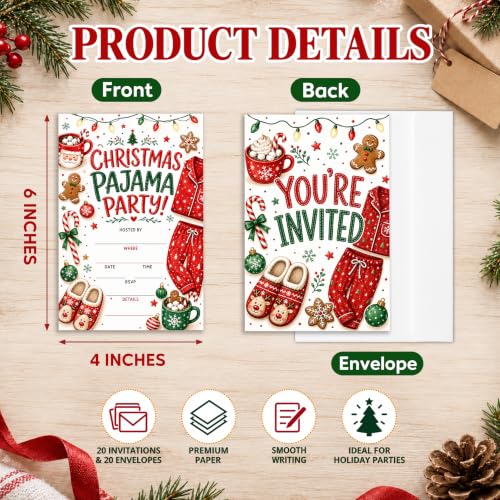 Christmas Pajama Party Invitation Cards - Set of 20 with Envelopes, Vibrant Design