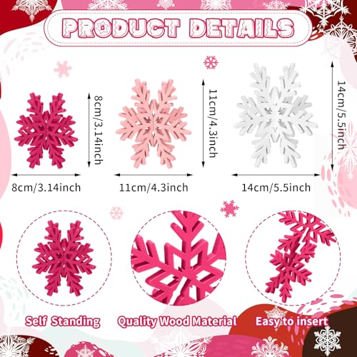 Wooden Snowflake Table Decorations Set - 12 Pcs Winter Holiday Centerpieces - White, Pink, Rose Red