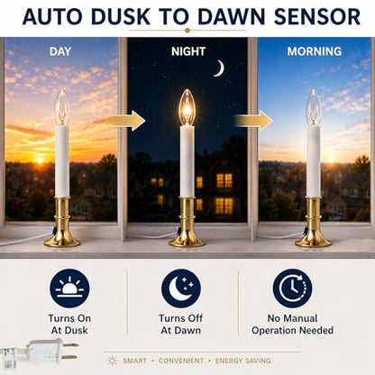 Gold 10 Pack Plug-in Electric Window Candles with Dusk to Dawn Sensor - Flameless Christmas Decor