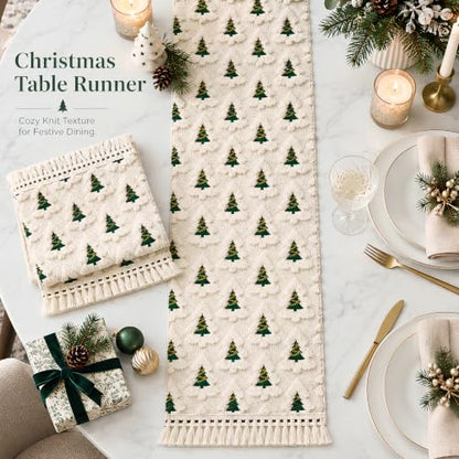 Christmas Table Runner 13x72 Inch with Tassels and Festive Tree Design - Soft Plush, Holiday Decor