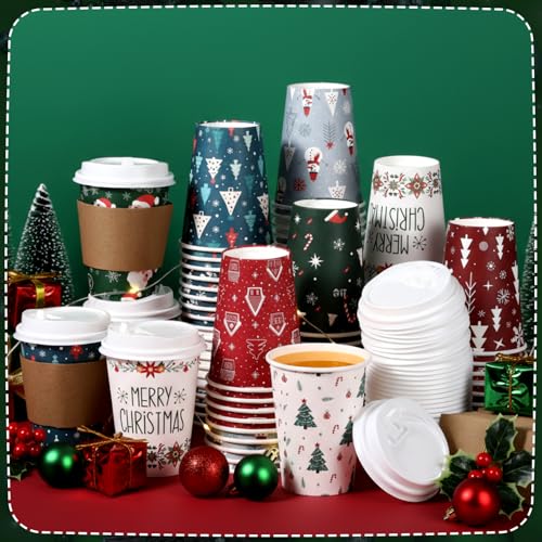 Christmas Paper Cups with Lids & Sleeves - Santa 12 oz Holiday Drinkware