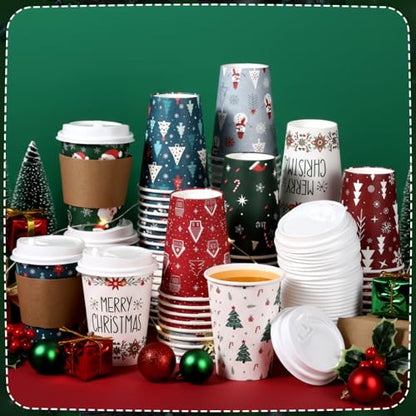 Christmas Paper Cups with Lids & Sleeves - Santa 12 oz Holiday Drinkware
