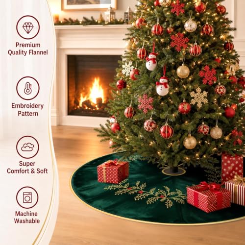 Christmas Tree Skirt 36 Inch Green Velvet with Embroidered Holly Leaves - Leaf Green