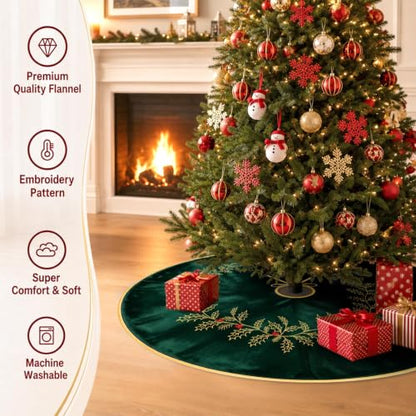Christmas Tree Skirt 36 Inch Green Velvet with Embroidered Holly Leaves - Leaf Green