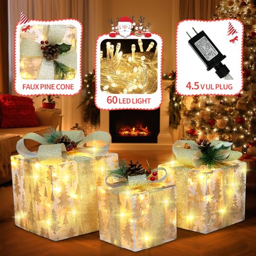 Nesting Christmas Lighted Gift Boxes Set of 3 with Metal Frame - Xmas Tree on Gauze Variation