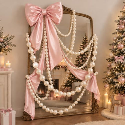 Christmas Pink Bow Garland with Pearl Beads for Outdoor Decor - 3 Pieces