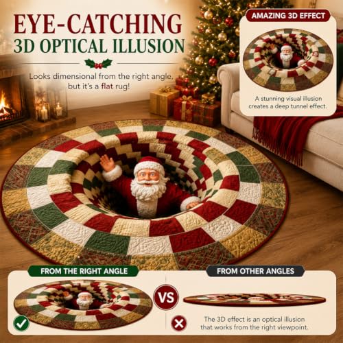 40in 3D Christmas Rug Optical Illusion Santa Gnomes Holiday Decor - J