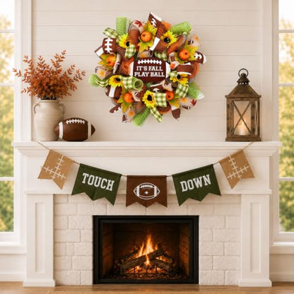 Thanksgiving Football Wreath for Front Door Fall Decor with Sunflowers Pumpkins