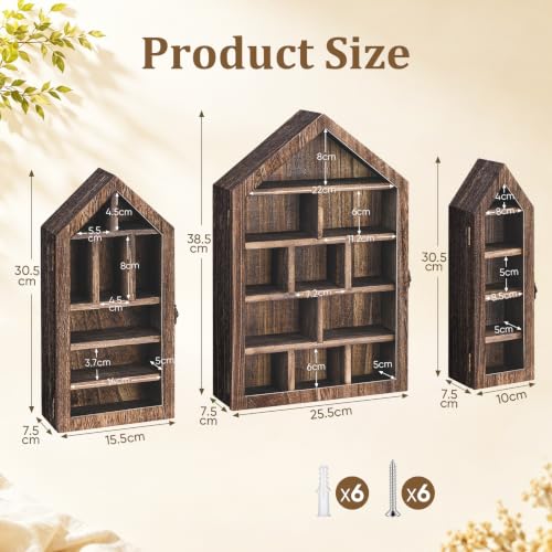 Brown House-Shaped Wooden Trinket Shelf Set with Doors - 3 Pieces