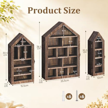 Brown House-Shaped Wooden Trinket Shelf Set with Doors - 3 Pieces