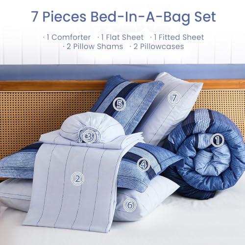 Navy Blue Queen Comforter Set 7 Pieces Striped Bed in a Bag - Soft Microfiber