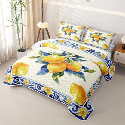Manfei Kids Quilt Set Full Size - Orange Blue Lemon Citrus Farmhouse Bedding with Pillow Shams - All Season