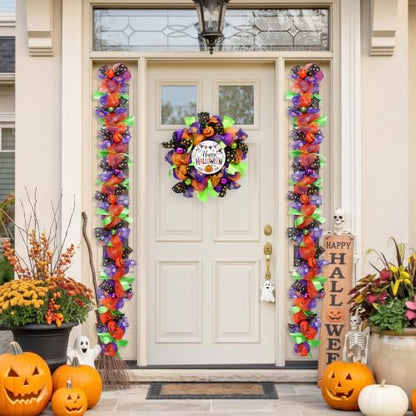 Purple Halloween Wreath for Front Door with Happy Halloween Sign - 18 Inch Outdoor Decor