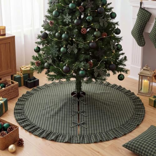 Dark Forest Green Gingham Christmas Tree Skirt with Ruffled Border - 48 Inch, Variation of Forest Green / 48 in