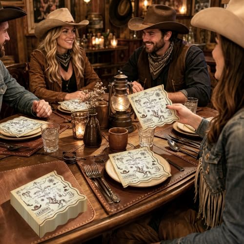 Western Cowboy Cocktail Paper Napkins with Scalloped Edges - 50 Pack