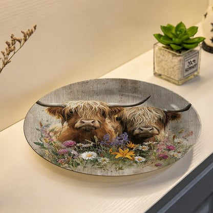 Twin Highland Cows Meadow Decorative Melamine Plate 11 Inch - Sign-10 Variation