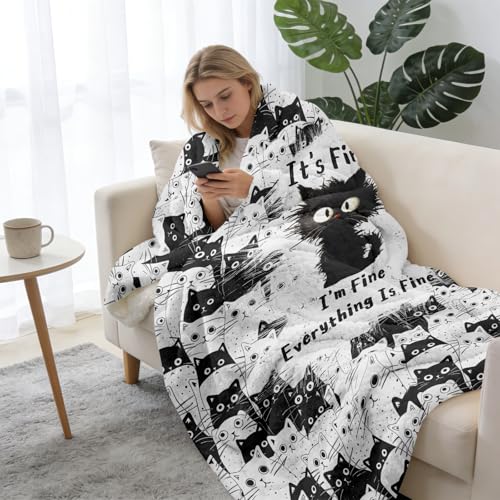Cat Blanket for Cats Lovers 50x40 Inches Black Kitten Design Cozy Throw