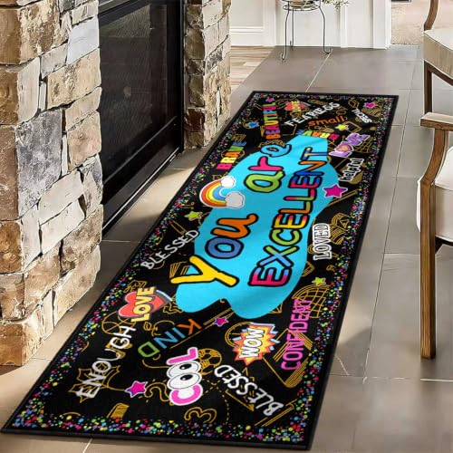Positive Affirmations Classroom Rug 2x6ft - Colorful Kids Playroom Carpet