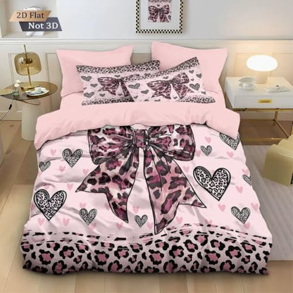 Pink Leopard Queen Duvet Cover Set with Bow & Heart Design - 3 Piece Bedding