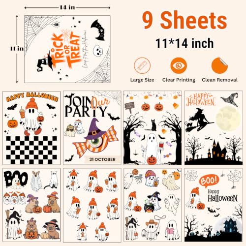 Halloween Window Stickers - Ghost Pumpkins Bats Spiders Decals 9 Sheets