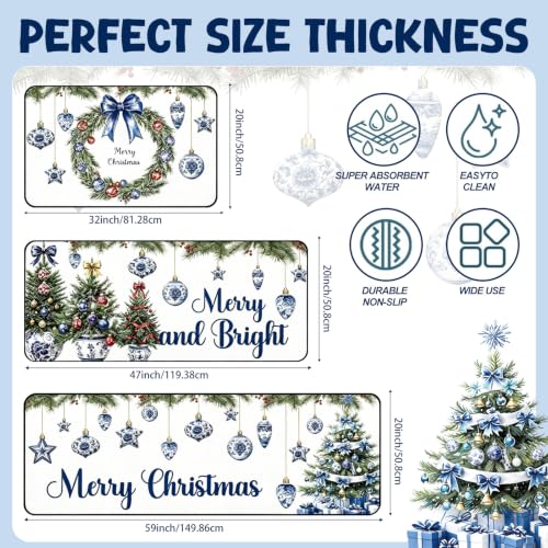 Christmas Kitchen Rugs Set - Blue White Chinoiserie Holiday Mats, 3-Piece