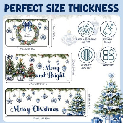 Christmas Kitchen Rugs Set - Blue White Chinoiserie Holiday Mats, 3-Piece