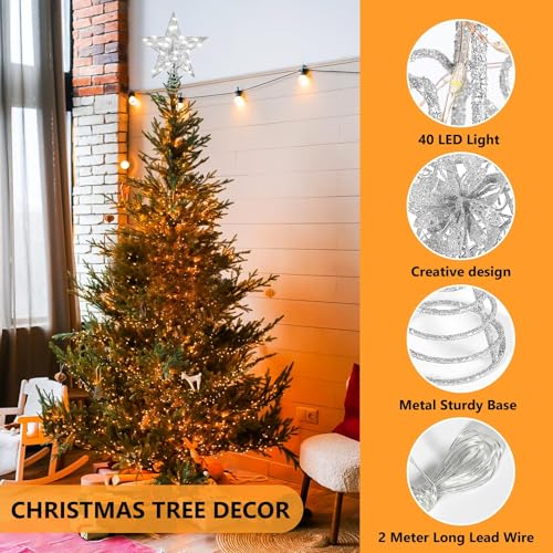 Verdenu Silver Christmas Star Tree Topper Lighted Battery Operated with Remote