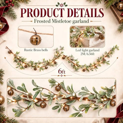 6 ft Lighted Christmas Mistletoe Garland with Metal Bells & Berries
