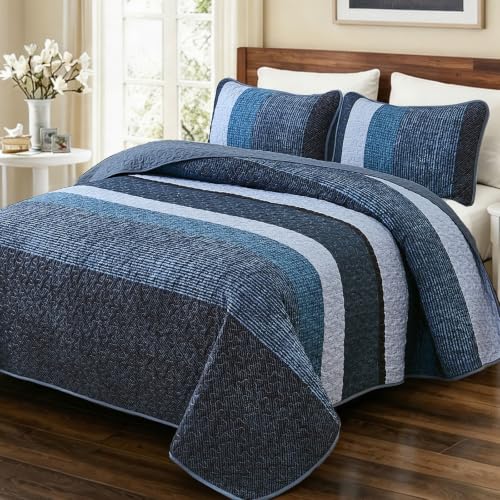 King Navy Blue Striped Quilt Set - 3-Piece Boho Bedding with Shams