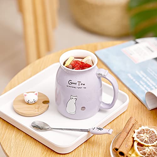 Cute Cat Mug Set of 4 with Lid & Fish Spoon - 15oz Kitchen Decor Gift