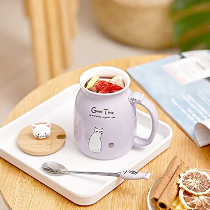 Cute Cat Mug Set of 4 with Lid & Fish Spoon - 15oz Kitchen Decor Gift