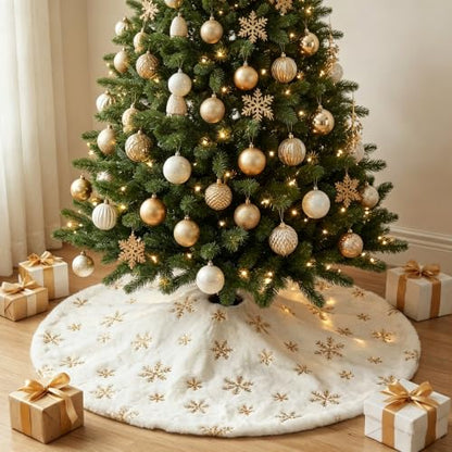 Gold Snowflakes Christmas Tree Skirt 36 Inches Faux Fur White Plush Holiday Decor
