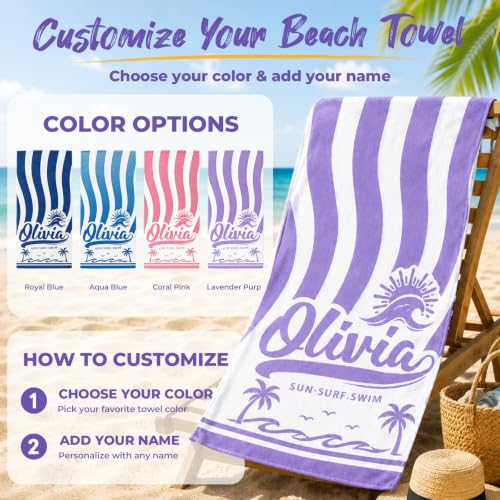 Lavender Purple Personalized Beach Towel with Names - Custom Sand-Free Pool & Vacation Wrap