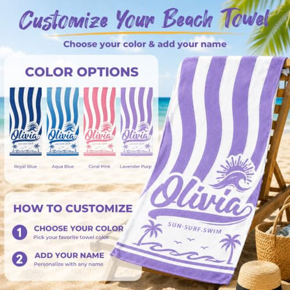 Lavender Purple Personalized Beach Towel with Names - Custom Sand-Free Pool & Vacation Wrap