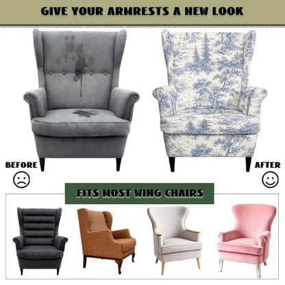 Blue Toile De Jouy Wingback Chair Slipcover Set - Stretch Washable Armchair Protector
