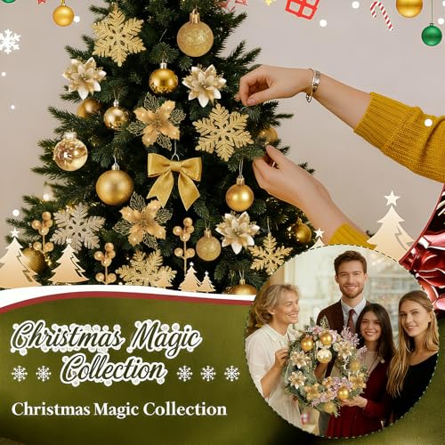 Gold Christmas Tree Decorations Set - 76 Pieces Holiday Ornaments & Poinsettia Flowers