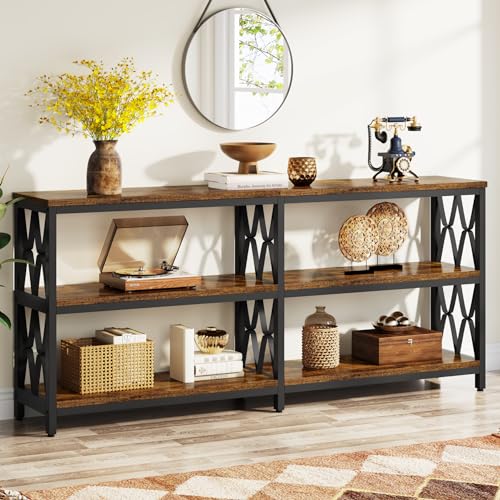LITTLE TREE Rustic Brown & Black 70.9-Inch 3-Tier Console Table with Storage Shelves