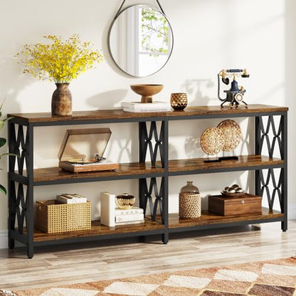 LITTLE TREE Rustic Brown & Black 70.9-Inch 3-Tier Console Table with Storage Shelves