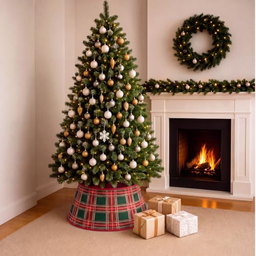 24-Inch Christmas Tree Collar - Red Green Tartan Velvet Holiday Decor