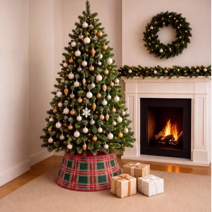 24-Inch Christmas Tree Collar - Red Green Tartan Velvet Holiday Decor