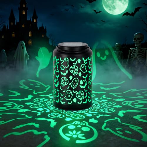 Outdoor Halloween Skull & Ghost Solar Lantern with Green Light