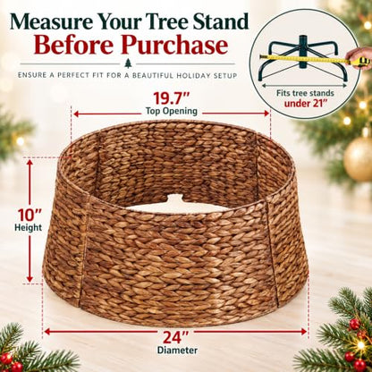 24 Inch Woven Water Hyacinth Wicker Christmas Tree Collar Basket with Cord Cutout
