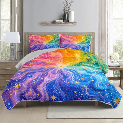 Rainbow Marble Galaxy Twin Bedspread Coverlet Set Pink Purple Cosmic Swirl - Twin Variation